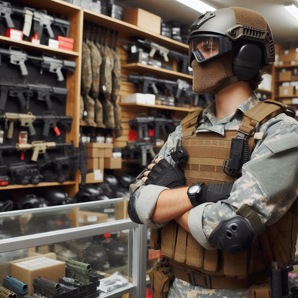 Jugador uniformado en una tienda de pistolas airsoft