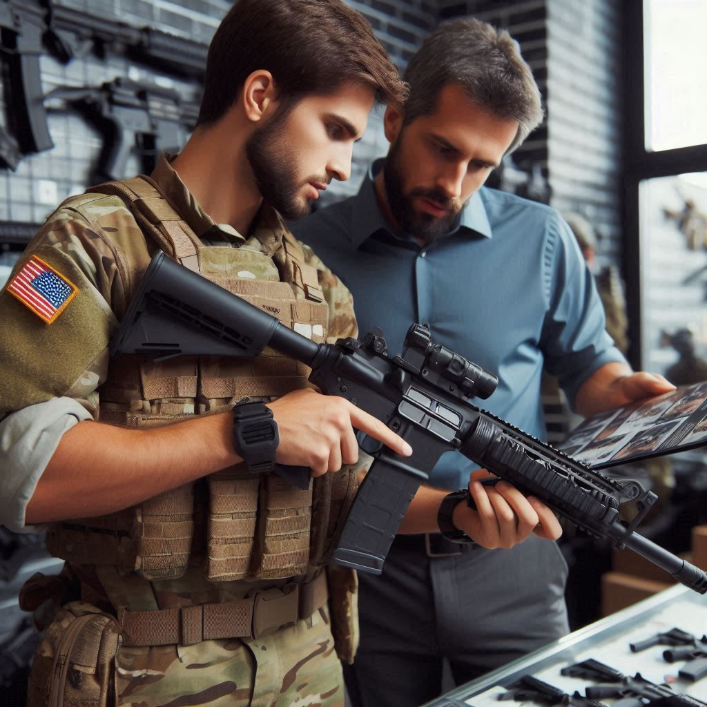 Jugador uniformado viendo una guía en una tienda de pistolas de airsoft