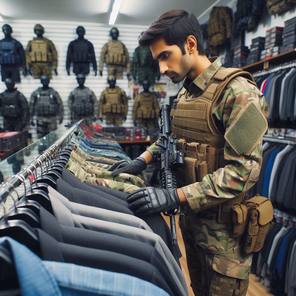 jugador airsoft observando, en una tienda de venta de chaquetas 