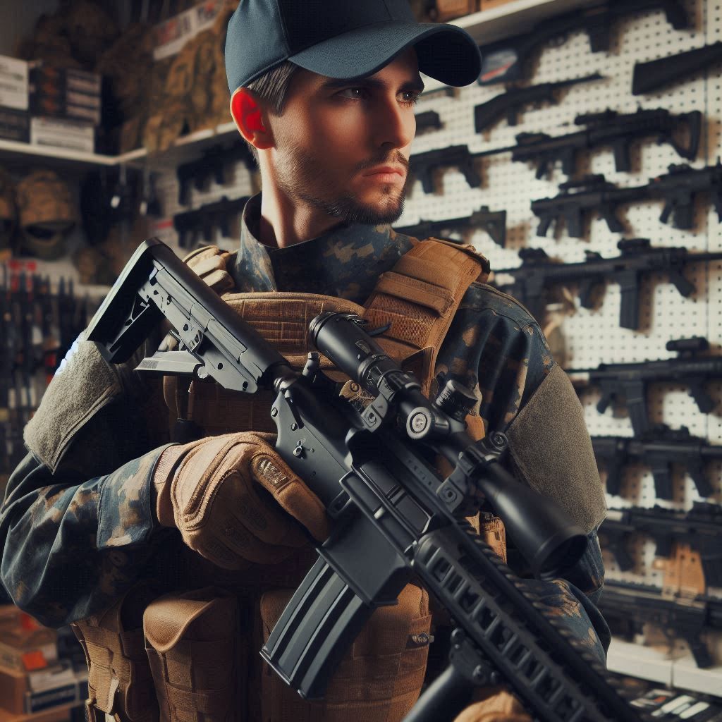 Jugador en una tienda de venta de armas de francotirador de airsoft