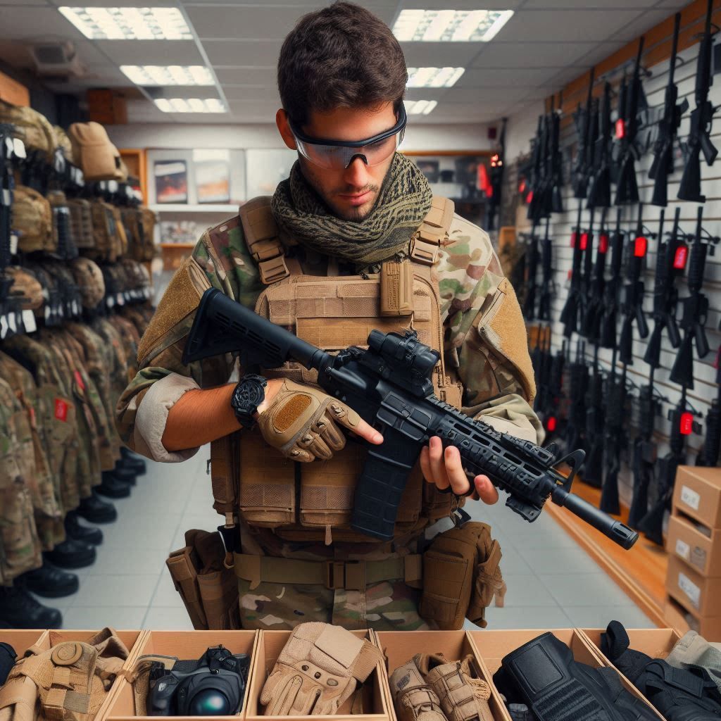 Jugador airsoft, en una tienda, con equipamiento.